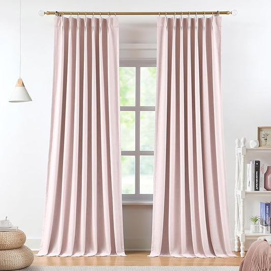 Vision Home Soft Pink Pinch Pleated Full Blackout Curtains Linen Blended Room Darkening Curtain Panels 84 inch for Living Room Bedroom Thermal Insulated Pinch Pleat Drapes with Hooks 40" Wx84 Lx2