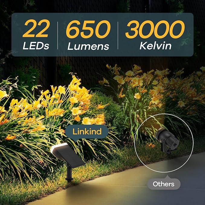 Linkind Solar Lights Outdoor Waterproof IP67, StarRay Dusk-to-Dawn Outdoor Solar Lights, 3 Lighting Modes Solar Spot Lights Outdoor for Garden, Yard, Landscape (Warm White, 2 Pack)