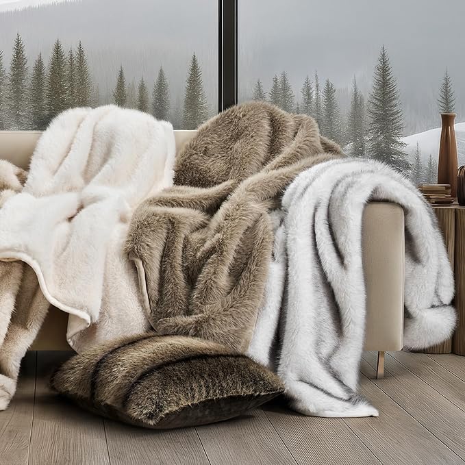 Luxury Faux Fur Throw Blanket, Soft Fluffy Faux Mink Blankets for Bed, Couch, Sofa, Thick Cozy Plush Warm Fur Throws with Reversible Velvet, Natural Mink, 50"x60"