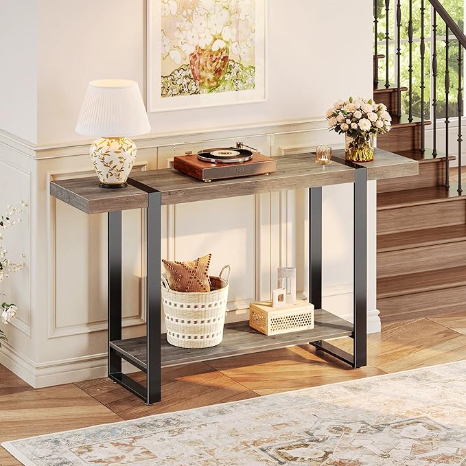 Huuger 47.2 Inch Entryway Table, 2-Tier Industrial Console Sofa Table with Storage, Accent Table, for Entry, Hallway, Entrance, Foyer, T-Shaped Metal Frame, Grey