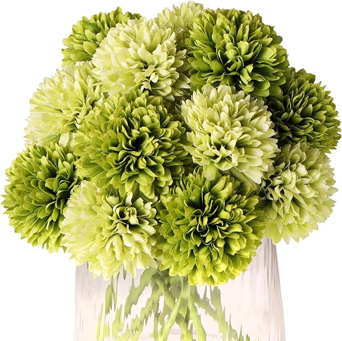 Kimura's Cabin 20Pcs Green Artificial Chrysanthemums Fake Silk Ball Flowers Mums Bouquets Arrangements Wedding Party Decor St Patricks Day Home Kitchen Garden Table DIY Floral Centerpieces (Green)
