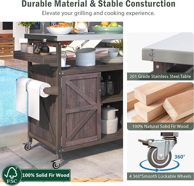 Farmhouse Solid Wood Grill Table with Stainless Steel Top, Outdoor Rolling Bar Cart & Storage Cabinet with Spice & Towel Rack, Outdoor Kitchen Island with Internal Storage Rack, Dark Brown
