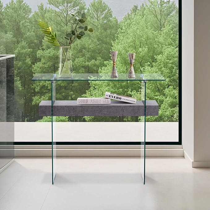 ivinta Glass Console Table with Storage, 39.4" Modern Entryway Table for Living Room, Foyer, Hallway, Bedroom 5101 (Gray)