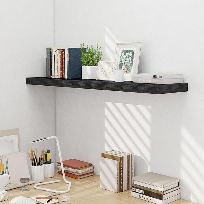 Fun Memories 10 Inch Deep Shelves, Floating Shelves for Wall 48 Inches Long, Wood Floating Shelves for Wall, Large Storage Shelves Wall Mount for Living Room Bedroom, Black, Set of 1