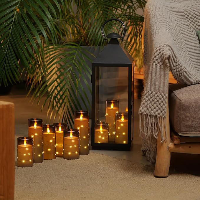 Homemory 9 Pcs Flameless Candles with Embedded Star String Fairy Lights, Battery Operated Candles, LED Fake Candles with Remote Control and Timer, Gray Acrylic