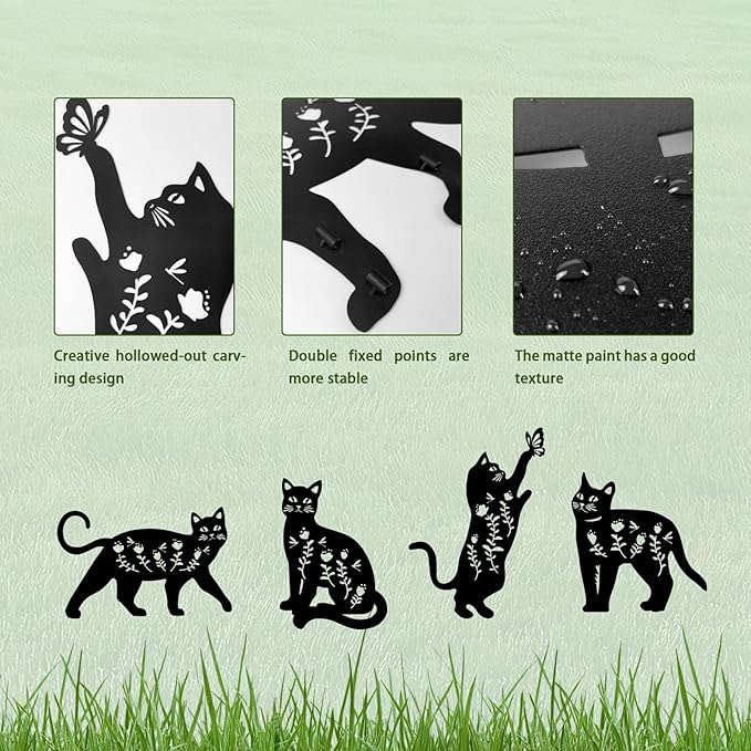 4 Pack Cat Metal Garden Decorative Stakes, Weather Proof Silhouette Statues for Yard, Patio,Outdoor Decor for Cat Lovers and Pet Owners