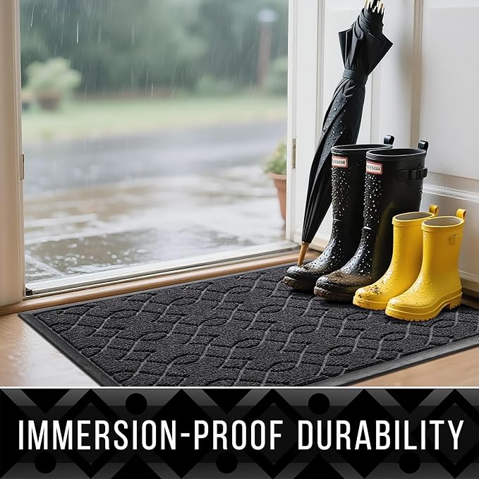 Yimobra Front Door Mat, Waterproof All-Weather Welcome Matt Outdoor Indoor, Non-Slip Low Profile Outdoor Mats for Front Door Outside Entrance, Patio Porch Entryway Mat, 29.5x17, Black Grey