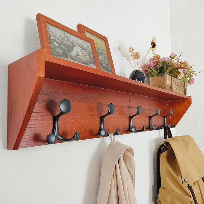 SKOLOO Wall Shelf with Hooks, 35-Inch Cherry Coat Rack Wall Mount with Shelf Organizer - Lightweight & Sturdy, 5 Tri Hooks - Perfect for Entryway, Hallway, Living Room, Bedroom, Mudroom