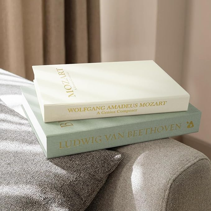 Aesthetic Decorative Books -Set of 2 Minimalist Linen Hardcover Faux/Fake Books for Coffee Table Home Decor Living Room Decoration, Photo Storage or as a Keepsake Box(Sage-beige-musician)