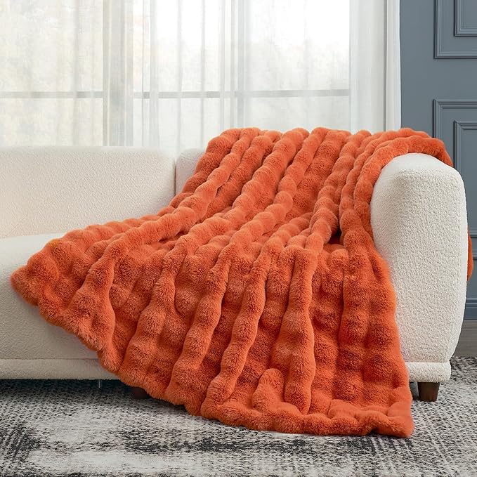 Cozy Bliss Faux Fur Throw Blanket for Couch, Fuzzy Soft Plush Thick Bubble Blanket for Sofa Bedroom Living Room, 50 * 60 Inches Burnt Orange