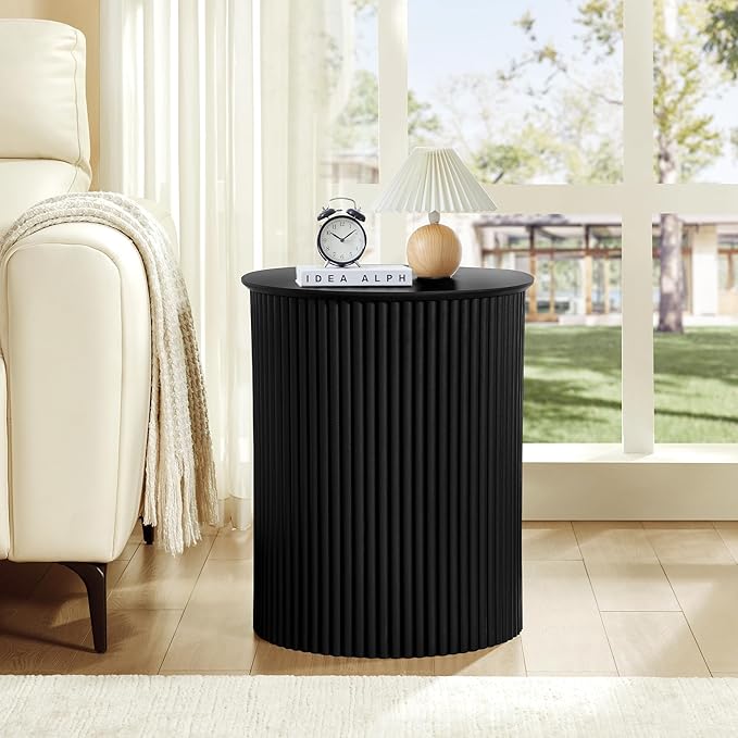 AVZEAR Small Round Side Table Fluted Night Stand Set of 2, 17.7" Mid Century Modern End Table, Circle Bedside Tables Wood Nightstands for Small Spaces, Living Room, Bedroom(Black)
