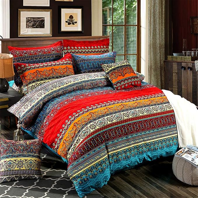 ABREEZE 3Pcs Bohemia Retro Bedding Ethnic Vintage Floral Duvet Cover Boho Bedding 100% Brushed Cotton Bedding Sets Damask Paisley Coloful Mandala Down Comforter Cover,Cal.King