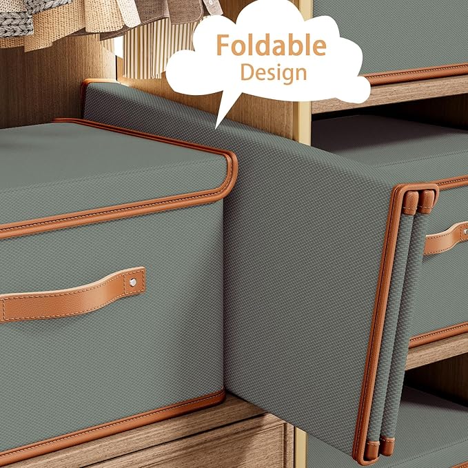 Tuza 2 Pack Storage Bins with Lids, Collapsible Closet Organizer Container, Fabric Organizer Box with Handles, Decorative Storage Boxes with Lids for Organizing Clothes, Blanket, Grey, Medium