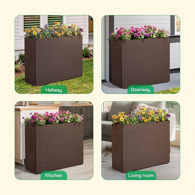 IDZO All Weather Wicker Planter Raised Garden Bed, 24 in Tall Round Rattan Flower Pots, Durable Self-Watering Indoor Outdoor Wicker Planters for Porch Patio Balcony