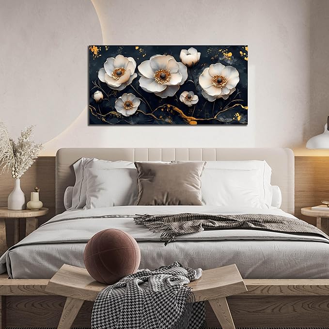 White Flower Wall Canvas Art for Bedroom - Black and White Wall Art for Living Room - Home Office Decor Wall Size 20" x 40"