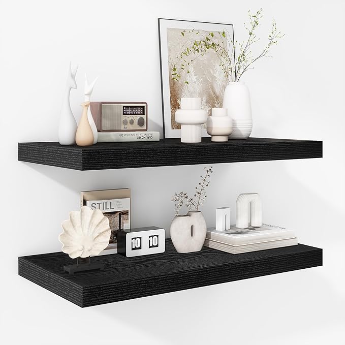 Fun Memories Floating Shelves - 2 Pack 12 Inch Rustic Wooden Wall Shelves - Extra Deeper & Thicker Wall Mounted Storage Shelf for Living Room, Kitchen, Farmhouse - 24" W x 12" D x 1.5"H - Rustic Black