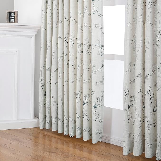 Pinch Pleated Floral Linen Curtains, 40 Inch Wide by 102 Inch Long Printed Curtains for Privacy Light Filtering, Suitable for Living Rooms and Sunrooms.2 Panels