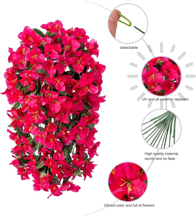 Faux Bougainvillea Artificial Flowers Plants for Outdoors Outside Decoration, 2 PCS Fake Flowers Silk Long Trailing Vines UV Resistant Realistic for Front Door Porch Planter Urn Patio Balcony Hot Pink
