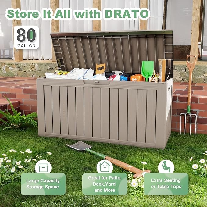 81 Gallon Outdoor Storage Box Waterproof, UV Resistant Resin Deck Box with Hydraulic Rod, Lockable Design and Enhanced Durability for Patio, Garden, and Poolside Use