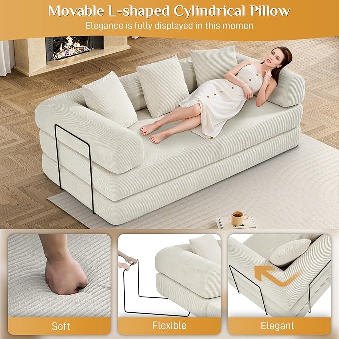 Convertible Sleeper Sofa Bed with Pillow, 4-in-1 Corduroy Folding Mattress Couch with Fixed-Shape Frame, Fold Out Floor Sofa Cama Lounge Couch for Living Room Bedroom Studio, Beige White