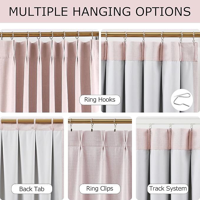 Vision Home Soft Pink Pinch Pleated Full Blackout Curtains Linen Blended Room Darkening Window Curtains 63 inch for Living Room Bedroom Thermal Insulated Pinch Pleat Drapes with Hooks 60" Wx63 Lx1