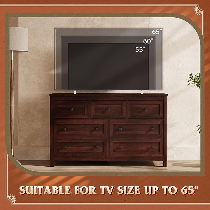 WLIVE Farmhouse Dresser for Bedroom, 51.18'' Wide 7 Drawer Wood Dresser, TV Stand for 65 inch TV, Wooden Chest of Drawers for Bedroom, Modern Clothes Organizer for Living Room, Hallway, Rustic Brown