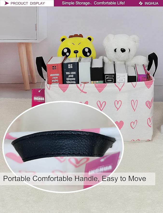 Rectangular Storage Basket Fabric Organizer Bin for Toys,Books,Clothes,Gifts,Pets-Perfect for Home,Office,Nursery,Dorm,Shelf(Rec-Pink hearts )