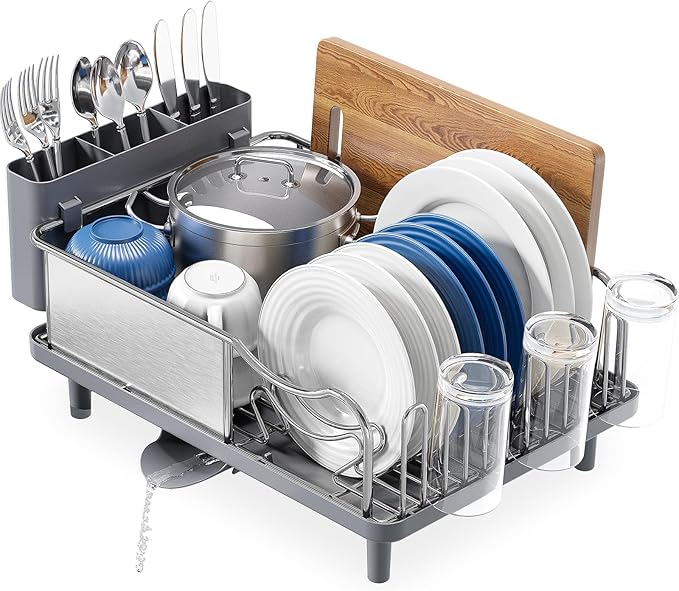 Stainless Steel Dish Drying Rack - Large Capcity 304 Grade Dish Drainer for Kitchen Counter with Drain Board, Utensil Holder & Detachable Cup Shelf, Rustproof Multifunctional Organizer