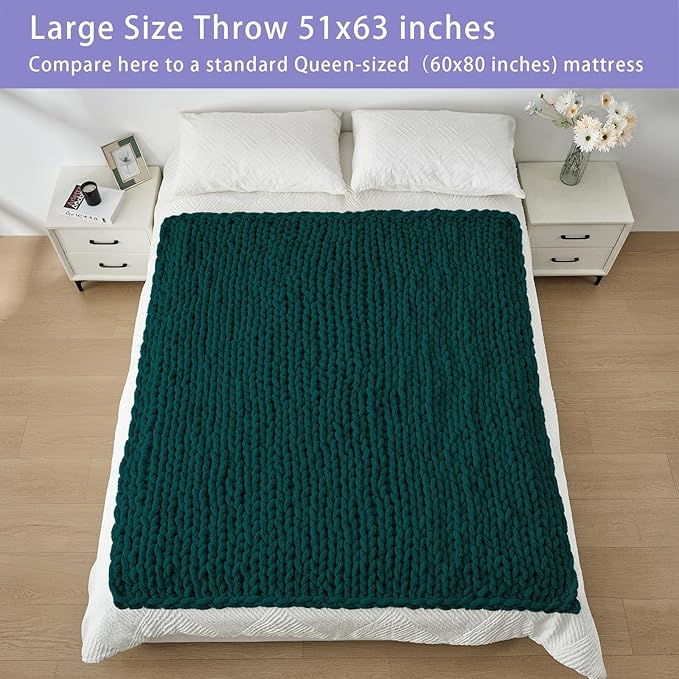Bigacogo Chunky Knit Throw Blanket for Couch, 51x63 inches, 100% Hand Knitted with Thick Jumbo Chenille Yarn, Cozy Soft Large Rope Knot Cable Crochet Blankets for Sofa Bed Living Room, Dark Green