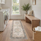 Washable 2x6 Runner Rug - Area Rugs Neutral Vintage Distressed Floral Farmhouse Boho Large Soft Floor Rug Indoor Carpet for Hallway Entryway Bedroom Kitchen - Forest Green Orange