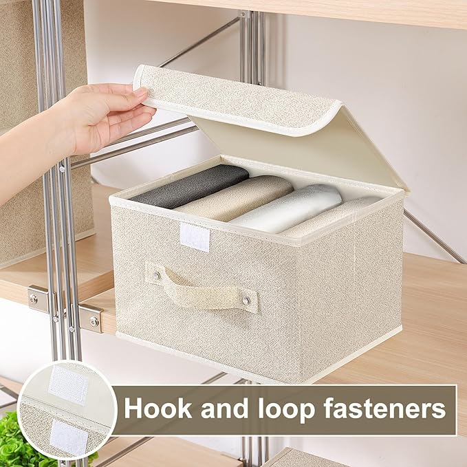 Storage Boxes, Collapsible Storage Bins with Lids, Cotton and linen cloth Storage Baskets with Handle, for Books, Closet, Bedroom, Home, 10.2x7.9x6.7 in, Grey and Beige