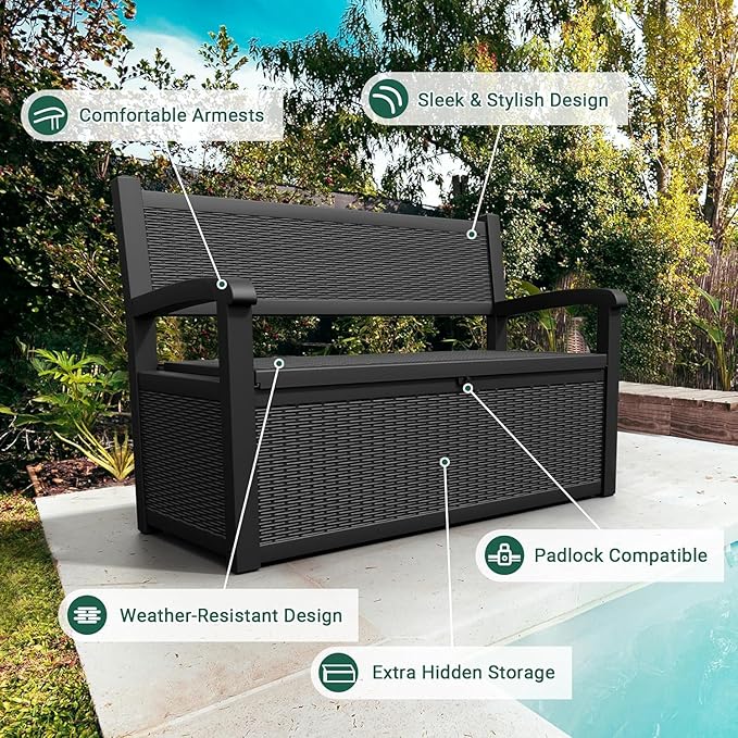 70 Gallon Lockable Outdoor Storage Bench Waterproof, Deck Box Bench for Patio, Porch, Garden, Poolside, Stores Tools & Pool Supplies, Heavy-Duty Outdoor Bench with Storage, Black