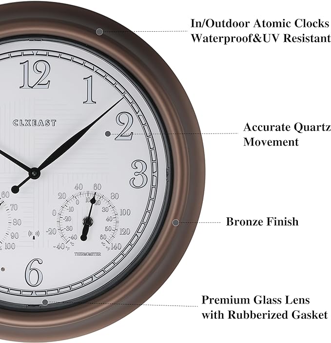 CLXEAST 18 Inch Illuminated Outdoor Indoor Atomic Analog Wall Clock with Temperature & Humidity, Lighted Outdoor Clocks for Patio Large Waterproof with Thermometer,Bronze Finish,House Warming Gifts