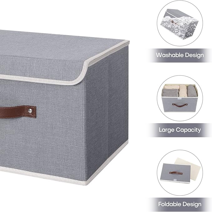 ANMINY 2PCS Storage Bins with Lid PU Leather Handles Storage Boxes PP Plastic Board Decorative Foldable Lidded Cotton Linen Fabric Home Cubes Baskets Closet Organizer Containers - Gray, Large Size