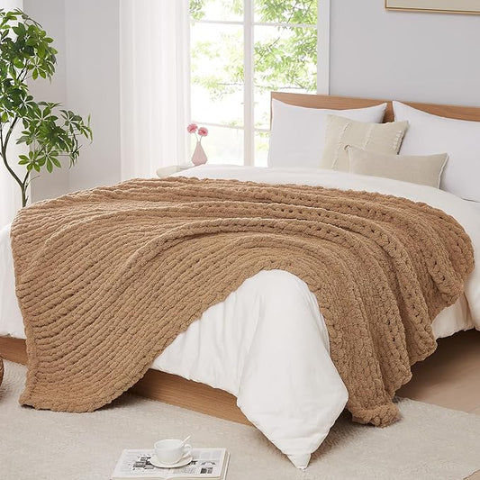 L'AGRATY Chunky Knit Blanket Throw: 72''x84'' Chenille Chunky Knitted Throw Blankets for Bed Couch - Handmade Thick Big Cable Knit Blanket - Large Crochet Rope Blankets for Home Decor(Tan)