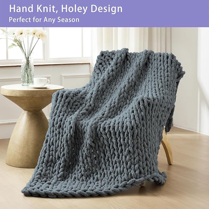 Bigacogo Chunky Knit Throw Blanket for Couch, 51x63 inches, 100% Hand Knitted with Thick Jumbo Chenille Yarn, Cozy Soft Large Rope Knot Cable Crochet Blankets for Sofa Bed Living Room, Iron Gray