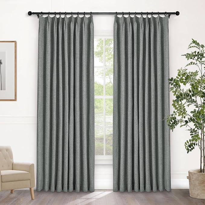 Macochico 52”Wx96”L 100% Blackout Curtains for Bedroom Living Room Nursery Mid Grey Pinch Pleated Linen Curtains Farmhouse Burlap Drapes Thermal Window Panels with Hooks and Tieback 1 Panel