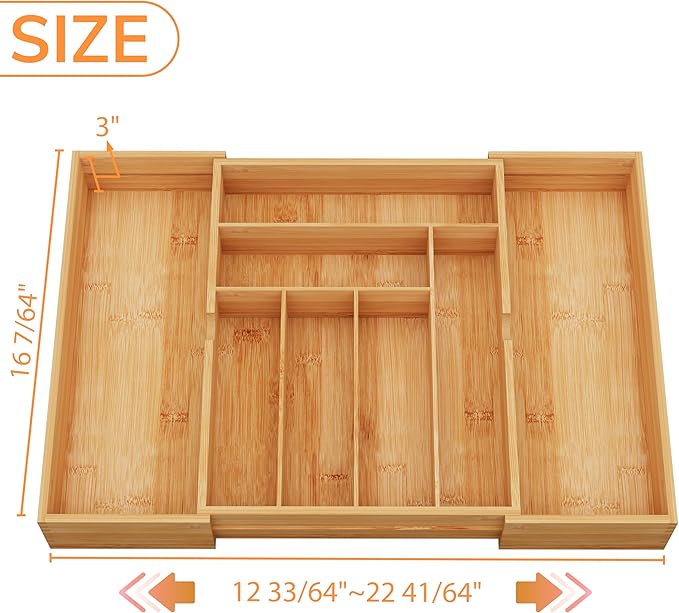 BAMEOS 3" Deepth Expandable Drawer Organizer, Deep Flatware Organizer, Adjustable Silverware Organizer, Bamboo Drawer Organizer for Kitchen, Bathroom (Natural)