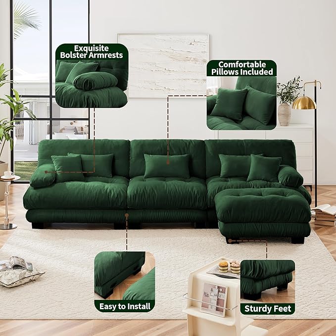 Modular Sectional Sofa, Comfy Cloud Couch 3 Seater Couch with Ottoman, Sectional Couches for Living Room, Modern Chenille L Shaped Couches, Sleeper Deep Seat Sofa with Throw Pillows, Green