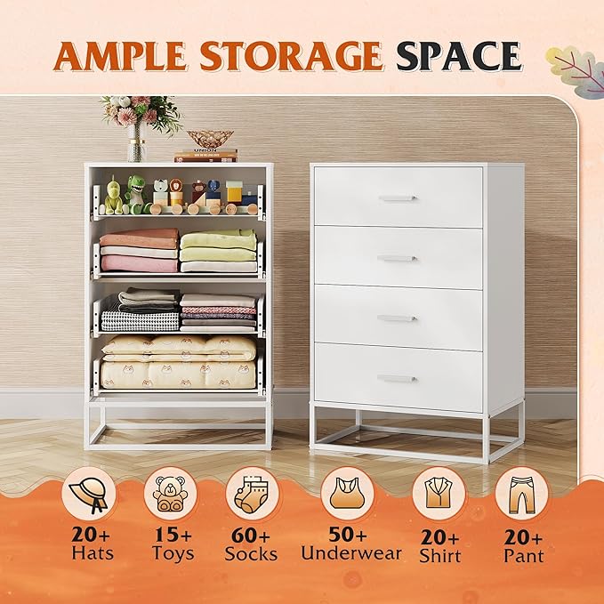 WLIVE White Wood Dresser for Bedroom with 4 Drawers, Tall Chest of Drawers with Sturdy Metal Frame for Living Room, Hallway, Closet