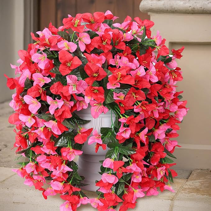 Faux Bougainvillea Artificial Flowers Plants for Outdoors Outside Decoration, 2pcs Fake Flowers Silk Long Trailing Vines UV Resistant Realistic for Front Door Porch Planter Urn Patio Balcony Yard, Mix