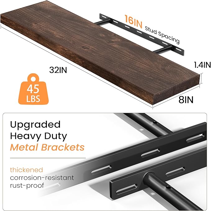 Floating Shelves for Wall, 32" Flat Edge Solid Elm Wood Floating Shelf, Wall-Mounted Display Shelves with Invisible Heavy-Duty Metal Bracket, Floating Shelf for Kitchen (Wanlut, Set of 2)