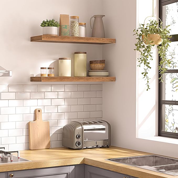 HOOBRO Floating Shelves for Wall, Wall Mounted Shelf Set of 2, 23.6" Hanging Shelf with Invisible Brackets, for Wall in Bathroom, Bedroom, Toilet, Kitchen, Living Room, Office, Rustic Brown BF60BJ01