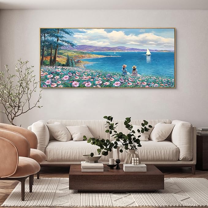 XLSJERST Large Landscape Wall Art - Blue Ocean Pink Flower Sailboat Mountain Tree Wall Decor Orange Frame Artwork for Wall Large Picture for Living Room Bedroom Home Office Decoration Size 29x58
