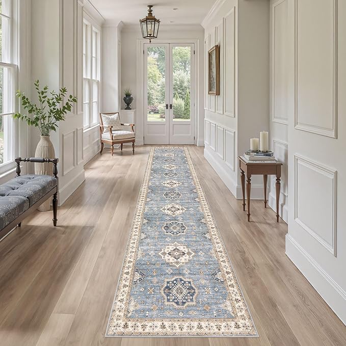 Washable 2.6x12 Runner Rug - Area Rugs Neutral Vintage Distressed Floral Farmhouse Boho Large Soft Floor Rug Indoor Carpet for Hallway Entryway Kitchen Home - Blue