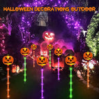12 Pack Solar Pumpkin Lights for Halloween Decorations Outdoor, Waterproof Halloween Pathway Lights with 8 Modes, Orange Purple and Green Halloween Walkway Stake Lights for Yard Garden Party Decor