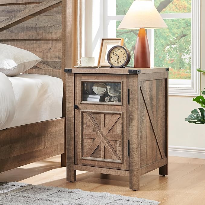 JXQTLINGMU Farmhouse End Table with Charging Station, 18'' Rustic Nightstand with Barn Door & Adjustable Shelf, Wooden Sofa Side Table with 3-Tier Storage for Living Room, Bedroom, Warm Brown