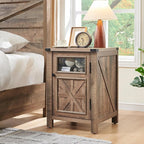 JXQTLINGMU Farmhouse End Table with Charging Station, 18'' Rustic Nightstand with Barn Door & Adjustable Shelf, Wooden Sofa Side Table with 3-Tier Storage for Living Room, Bedroom, Warm Brown