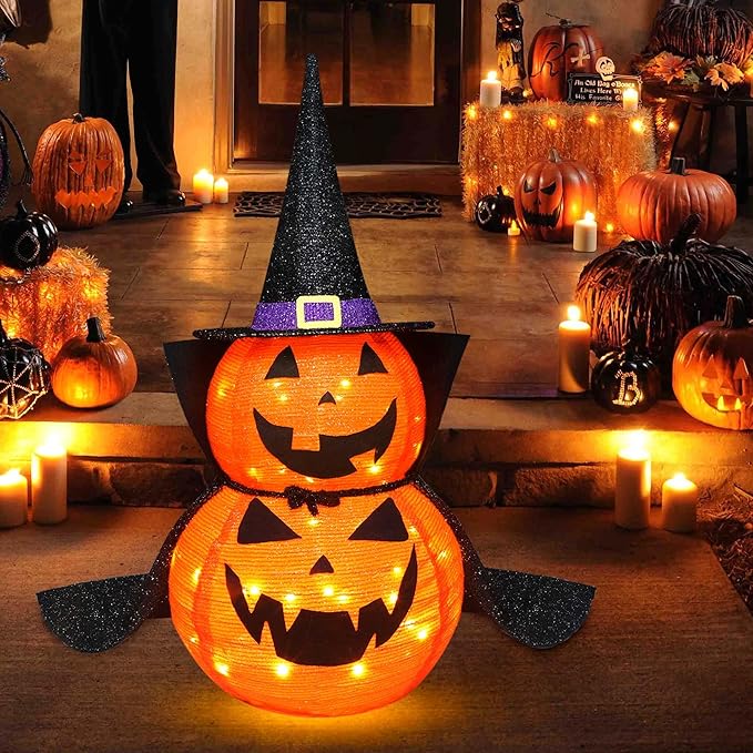 3FT Halloween Collapsible Pumpkin Decoration, 50 LED Pop-Up Pumpkin Lamp with Star Cap, Plug in Halloween Jack-O-Lantern with Metal Stand for Indoor Outdoor Garden Patio Party Decor