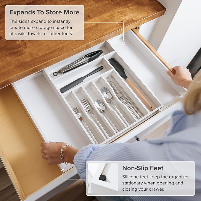 Premium Silverware, Flatware and Utensil Organizer for Kitchen Drawers, Food-Safe Contract Grade, Expandable from 14.5 to 25 In, White Bamboo
